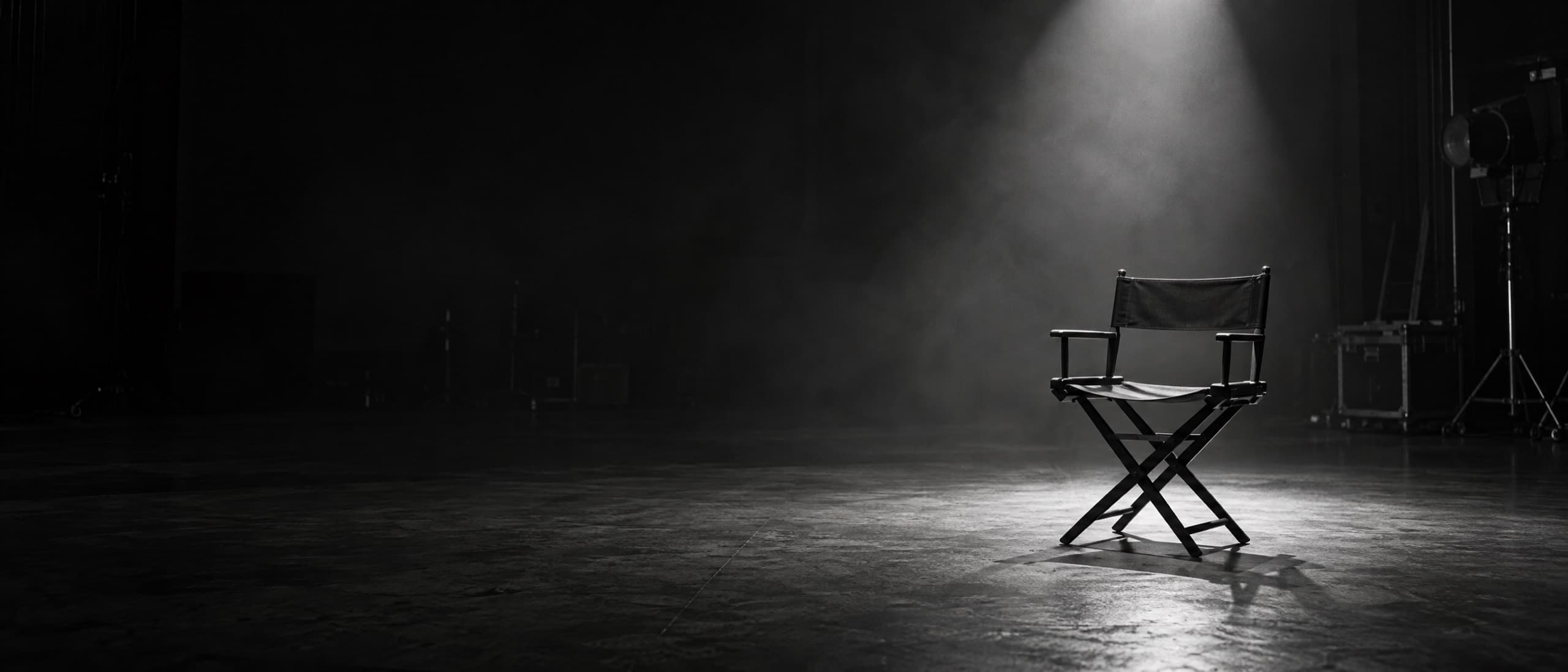 An empty director's chair under a single spotlight on a dark soundstage